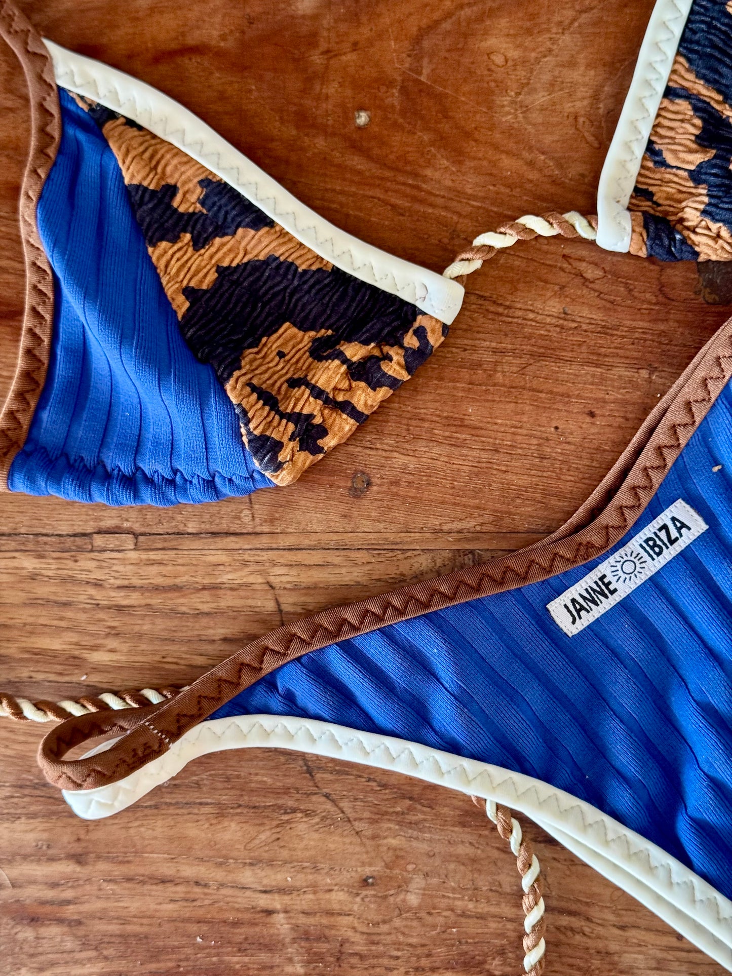 Blue Tropical Print Triangle Bikini Top with Brown Adjustable Straps 88