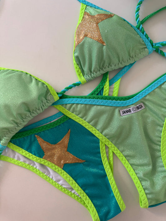 Green Glitter Bikini with Cream Quilted Trim and Gold Star Accent Bottom 66