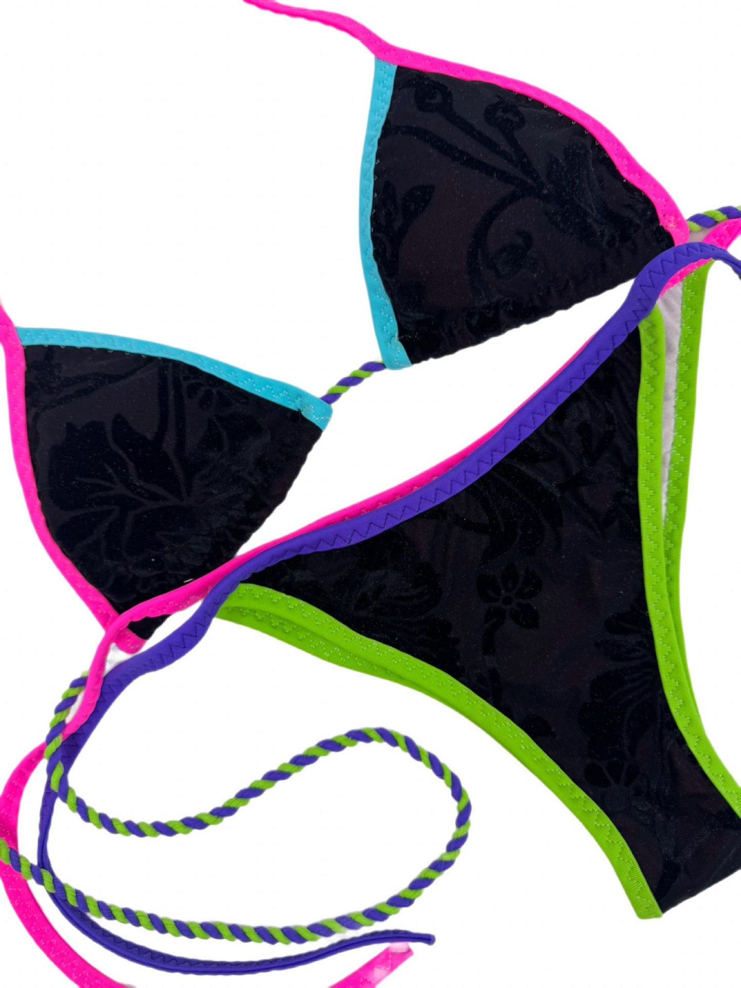 Black Velvet Floral Double Lined for Full Coverage Bikini Top 92