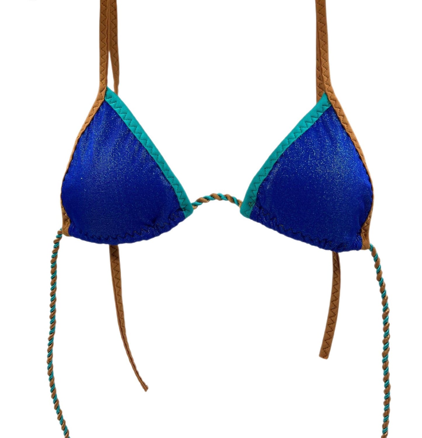 Front view of Blue Sparkle Triangle Bikini Top with shimmering blue fabric and contrast turquoise and camel brown trims, featuring adjustable halter ties.