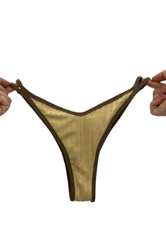 Front view of Gold Shimmer Bikini Bottom featuring gold shimmer fabric with olive green trim, designed with a high-cut leg silhouette.