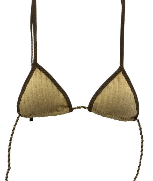 Front view of Gold Shimmer Triangle Bikini Top featuring gold-tone shimmer fabric with olive trim, adjustable halter ties, and a classic triangle design.