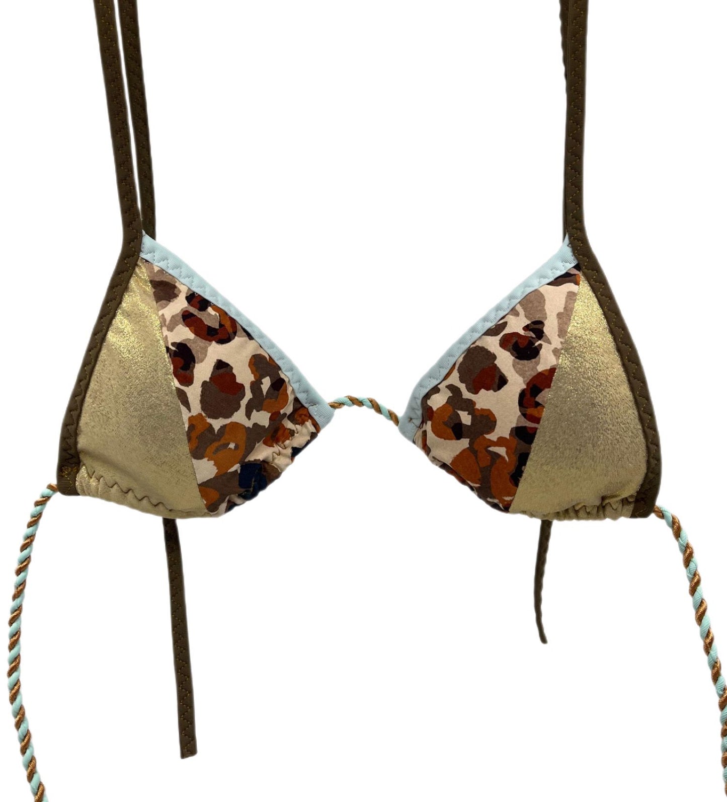 Front view of Leopard & Gold Triangle Bikini Top featuring leopard print and shimmering gold panels with olive green and soft blue trim.