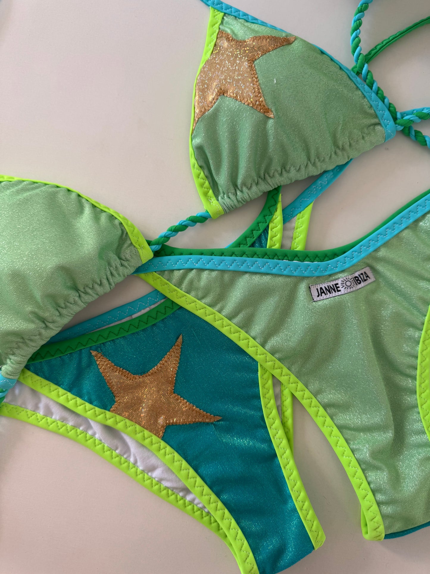 Green Glitter Bikini with Cream Quilted Trim and Gold Star Accent Top 66