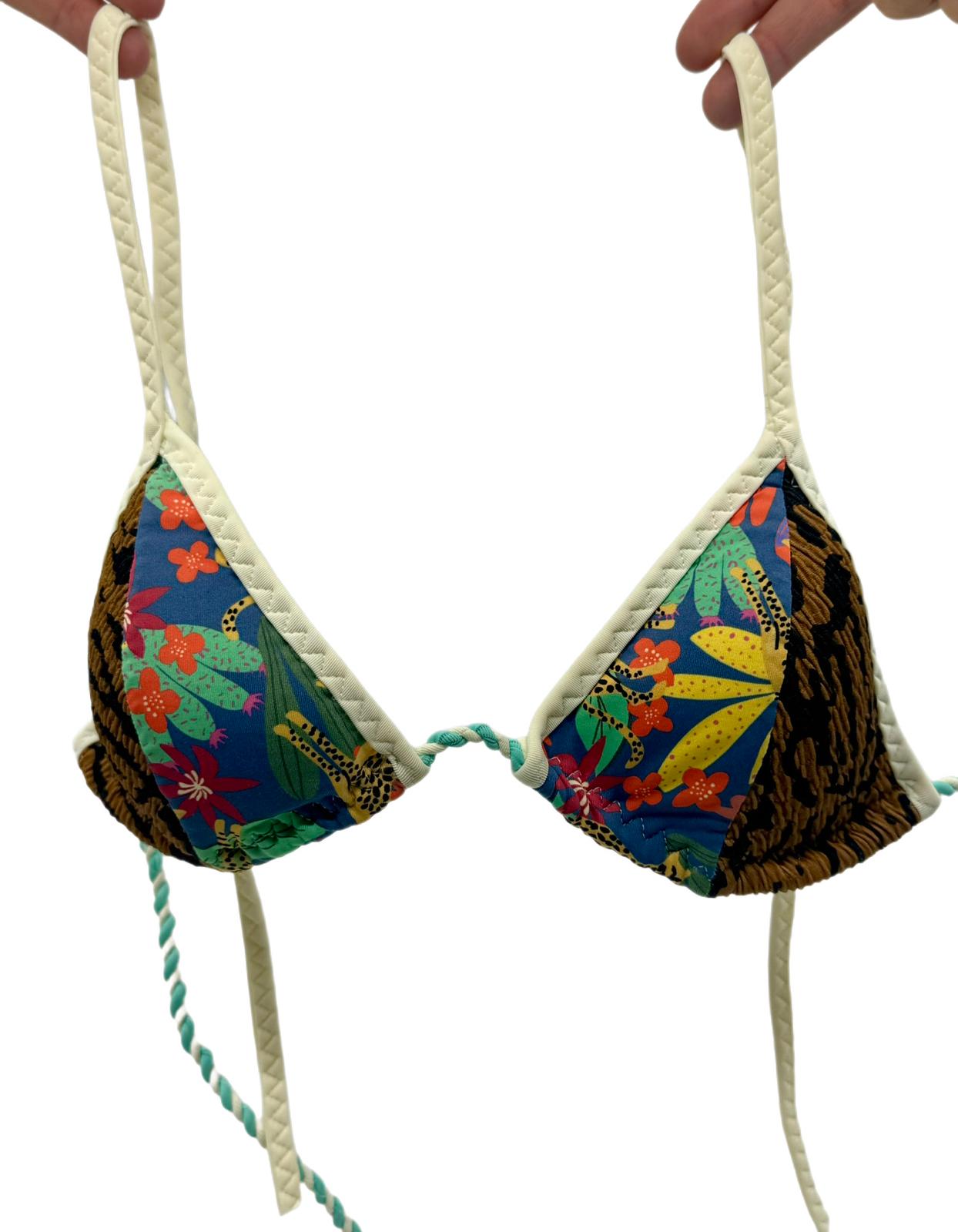 Vibrant Tropical Print Bikini with Quilted Cream Trim Top 65